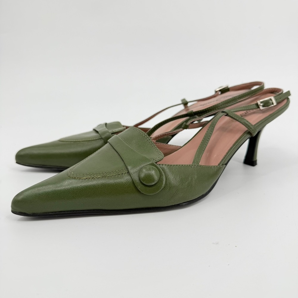 Luichiny Slingback Heels Pointed Toe Y2K Women Size 10 Green Leather Made Brazil